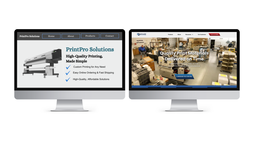 A comparison of an outdated print shop website vs. a modern, optimized one